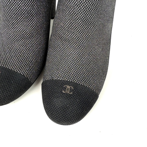 Authentic CHANEL Black Silver Tweed CC Logo Ankle Booties Boots 40 9.5 - Picture 5 of 13